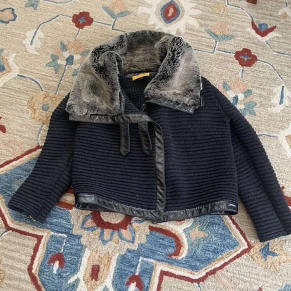 ST. JOHN Designer fur Coat Jacket Leather Wool Rabbit Gray S 4 6 Luxury - Picture 10 of 14